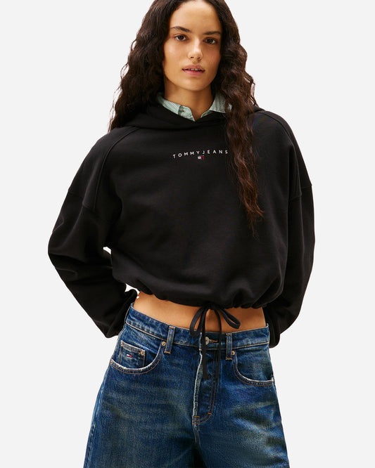 Felpa Tommy jeans crop con laccio con cappuccio nero