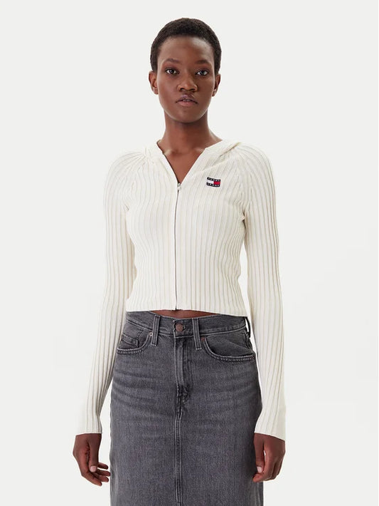 Cardigan Tommy Jeans full zip con cappuccio bianco